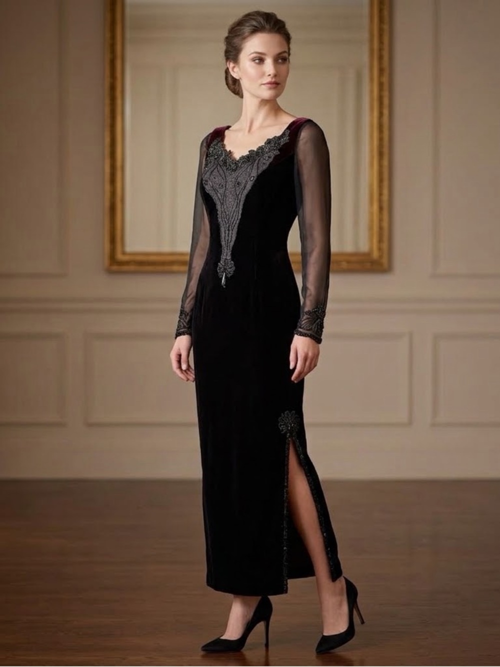 Scott McClintock Women’s 8 Black Velvet Beaded Long Sleeve Gothic Dress M Vtg